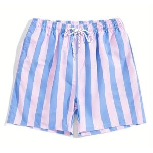 BNWT Isabelle LaRue Men's Light Blue and Pink Stripe Swim Shorts - Medium